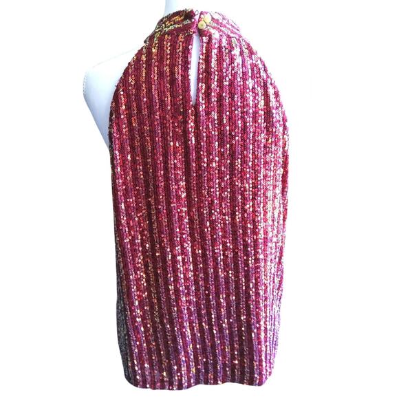 Glam Christmas sequin halterneck top sleeveless red Gold Shimmer SZ M holiday - Picture 2 of 8